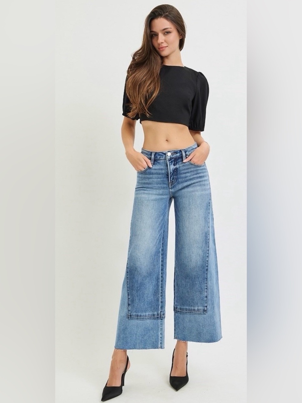 Risen Tummy Control Crop Wide Leg Jeans (Style: PWC21945)